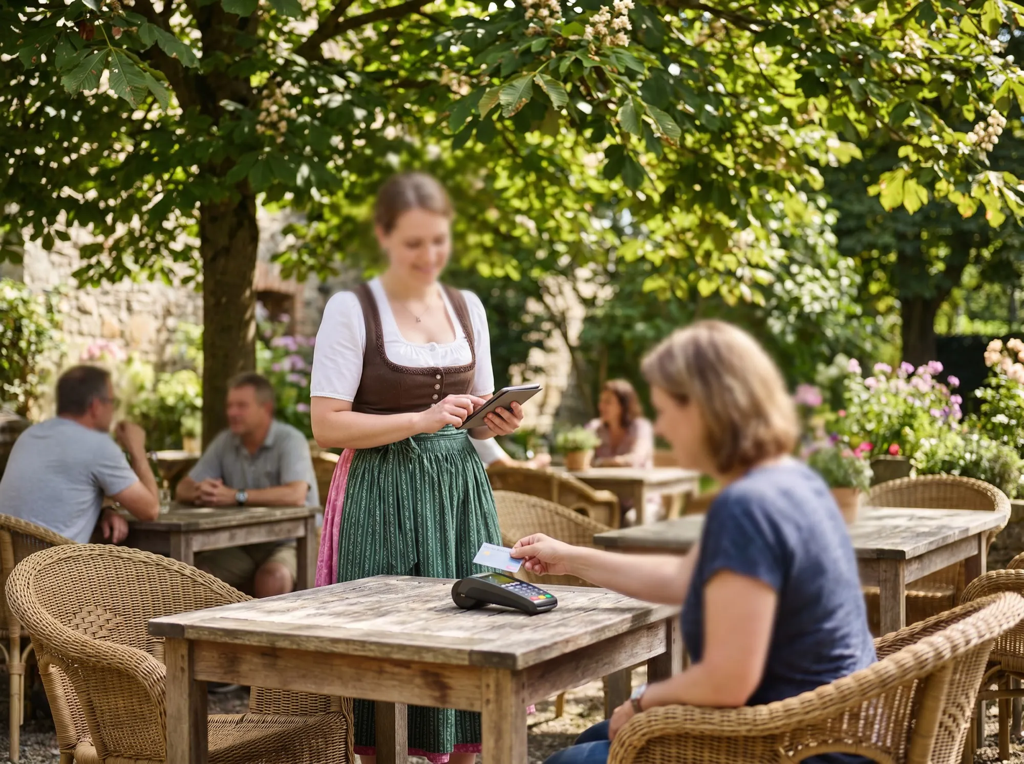 Kellnerin mit Tablet kassiert im Gastgarten, ein Gast hält die Bankkarte an ein Kartenterminal