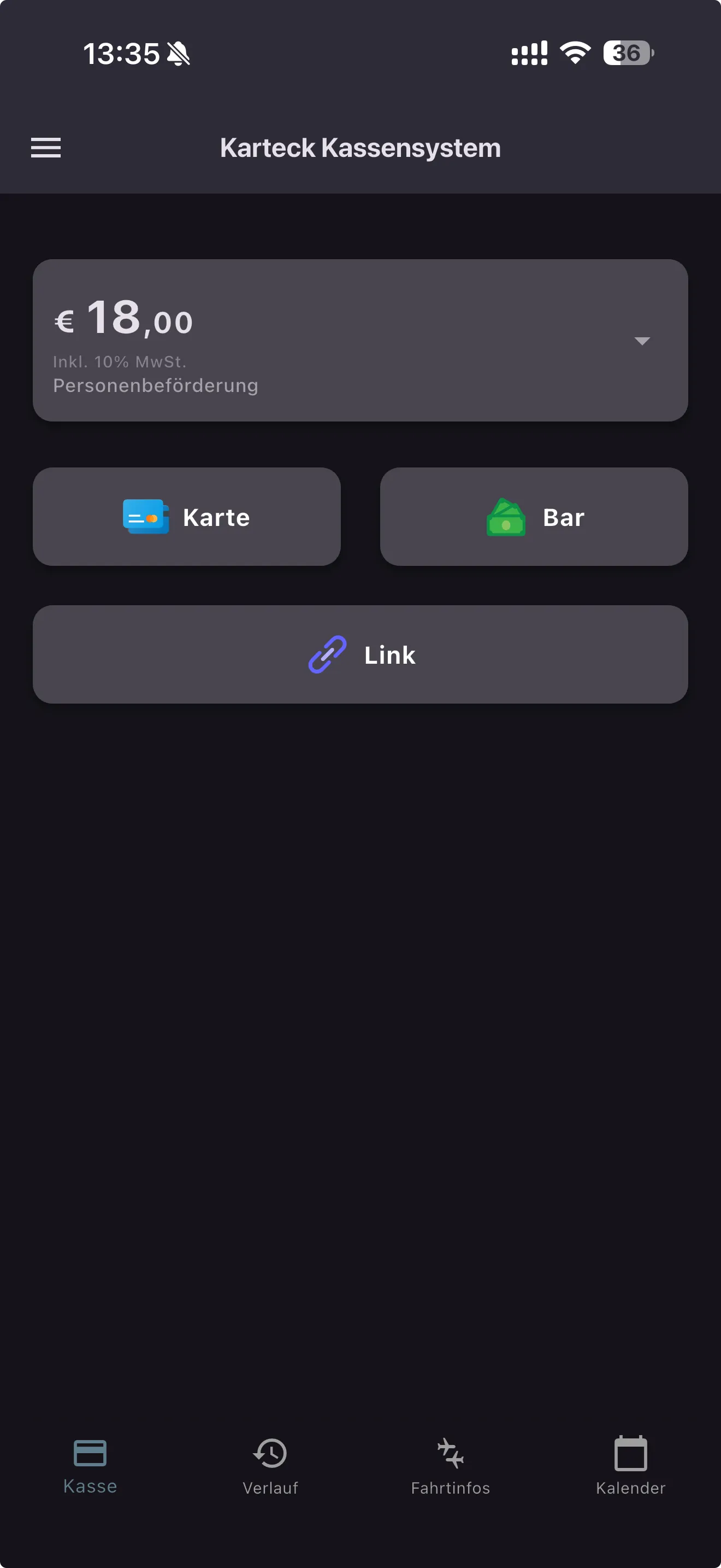 Karteck-App: Kassenansicht für Taxiunternehmen
