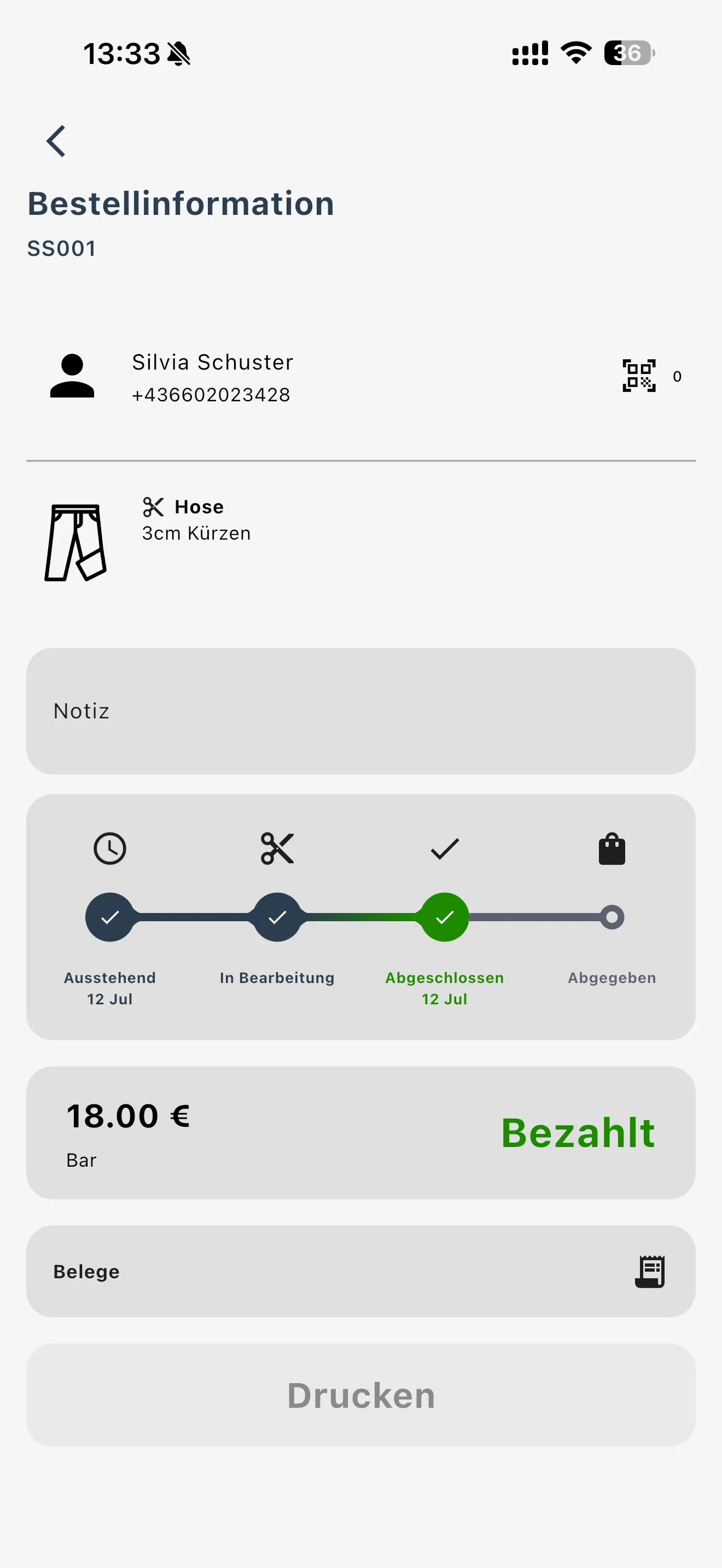Sastre-App: Auftrag „Hose kürzen" mit Status und Barzahlung