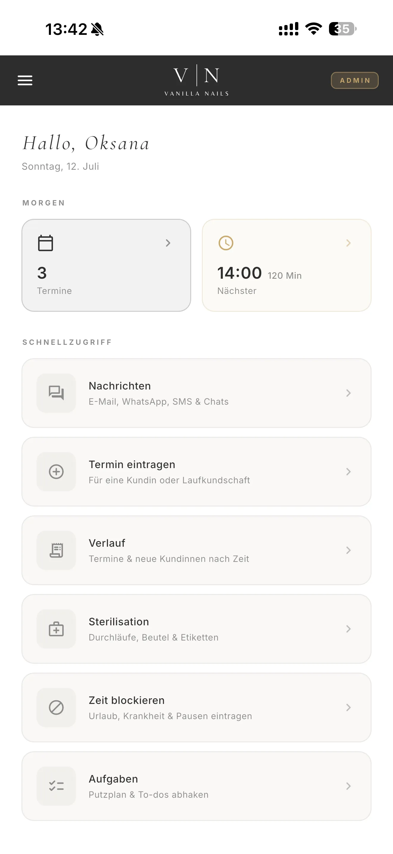 Vanilla-Nails-App: Startbildschirm mit Terminübersicht